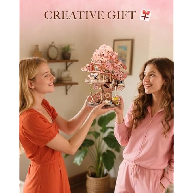 DIY MINIATURE HOUSE KIT SAKURA TREE HOUSE 12" 3D WOODEN PUZZLE FOR ADULTS - JAPANESE CHERRY BLOSSOM MODEL BUILDING CRAFT, BONSAI DECOR, RELAXING HOBBY, UNIQUE GIFT - Image 3